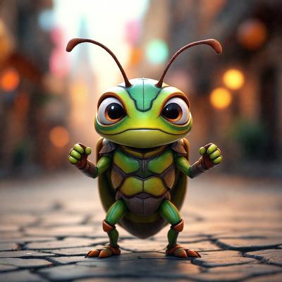 The primary subject of the image is a cartoon-like green and yellow insect, possibly a grasshopper or a lizard, standing on a brick road. The setting is a city street with a brick surface, and the visual style appears to be a digital art or illustration. The colors and mood of the image are vibrant and lively, with the green and yellow insect being the main focus of the scene.